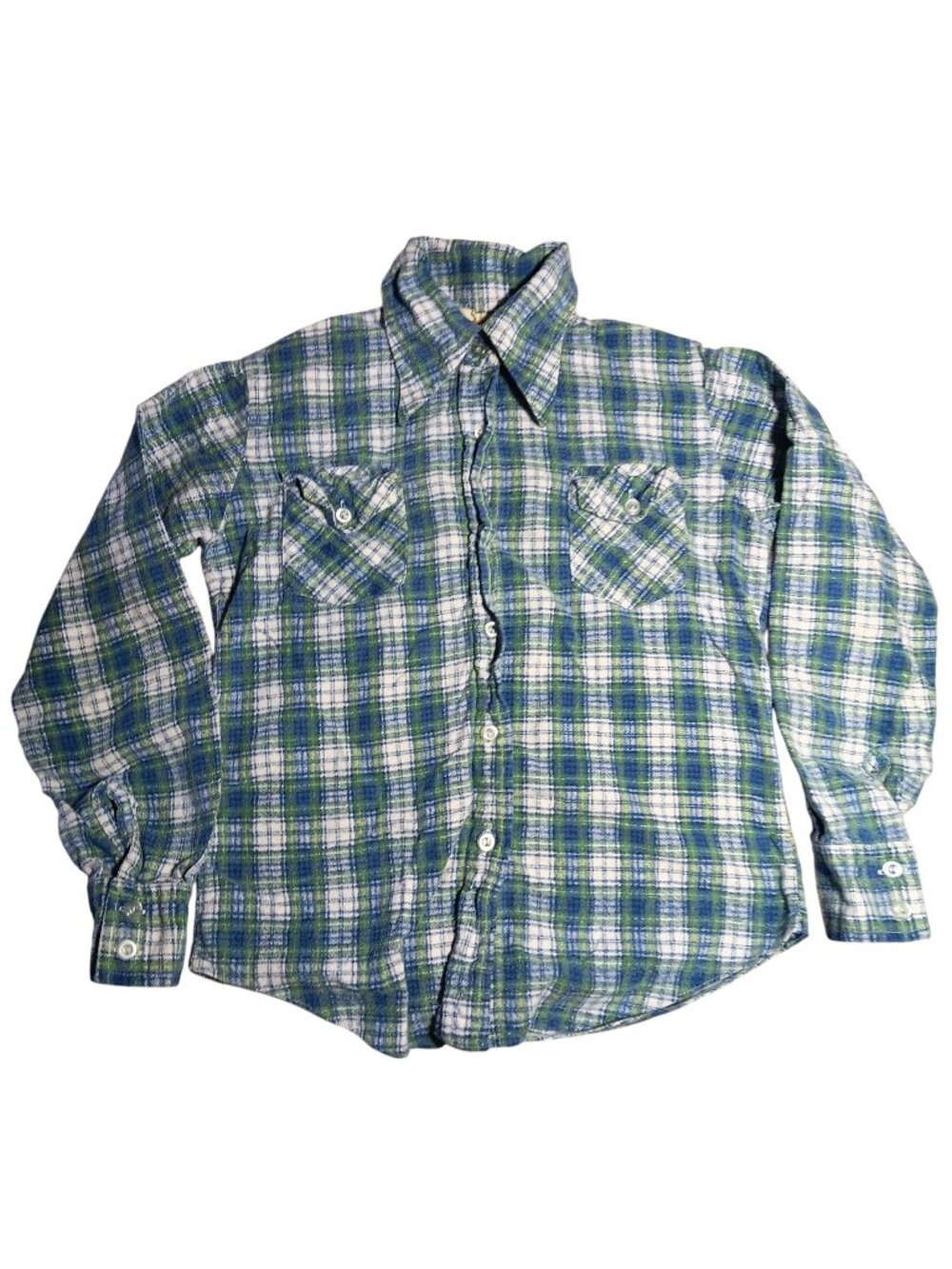 Girls Vintage Skater Flannel Top 10 1970's Green Blue Plaid 100% Cotton